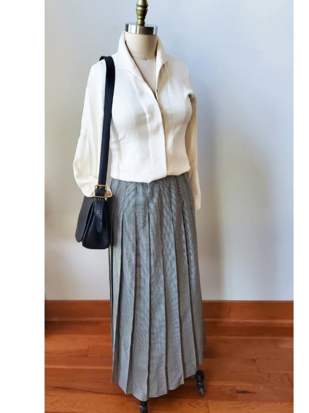 90's Harve Benard Collection Black Cream Houndstooth Check Pleated Maxi Skirt 8
